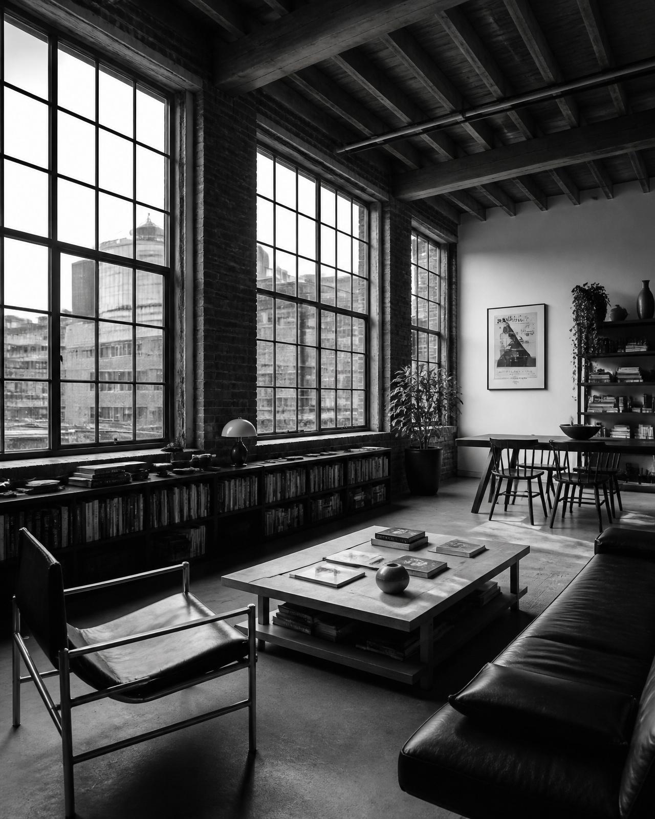 Williamsburg loft interior — steel windows, high ceilings