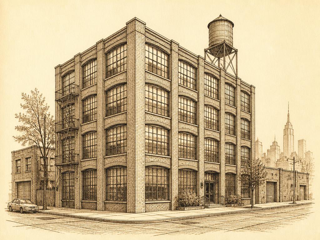 Ink sketch of a Greenpoint brick mill building